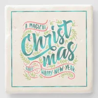 Magical Christmas Typography Teal ID441 Stone Coaster