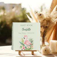 Guest book baby shower pink flamingo sage green