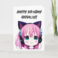 Anime Girl with Headphones and Cat Ears Birthday Card