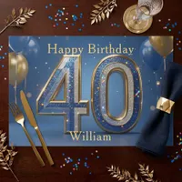 Blue Gold Glitter 40th Birthday Paper Placemat