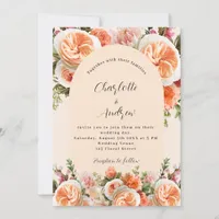 Orange pink peach florals arch wedding invitation