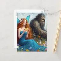 Sashquatch and a Fairy on a Picnic Postcard