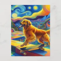 Colorful Golden Retriever Skateboarding Van Gogh Postcard