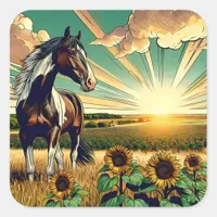 Pinto Horse in a Sunflower Field  Square Sticker