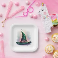 Watercolor Crown Green Witch Hat Birthday Paper Plates