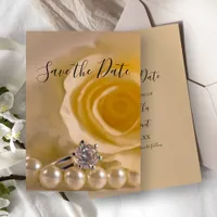 White Rose, Ring and Pearls Wedding Save the Date Invitation