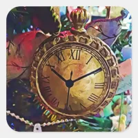 Vintage Gold Pocket watch Ornament Christmas Square Sticker