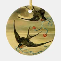 Vintage Valentine Barn Swallows Ceramic Ornament