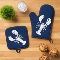 Lobster Seafood Navy Blue and White Elegant Oven Mitt & Pot Holder Set