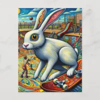 Skateboarding White Rabbit Colorful Fun Surreal Postcard