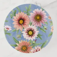 Pink Daisies Pretty Floral Pattern on Blue Trinket Tray