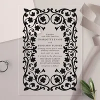 Black Elegant Ornate Floral Frame Wedding  Acrylic Invitations