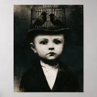 Surreal Black and White Caged Bird Hat Child Poster