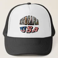 Indiana USA Flag & State Photo Text Trucker Hat