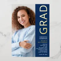 Modern Grad 2025 Photo Graduation Navy Gold Real Foil Invitation