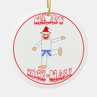 Martial Arts Merry Kick Mas Light Blue Belt Ceramic Ornament