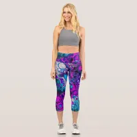 Purple, Blue Modern Abstract Fluid Art Marble Cell Capri Leggings