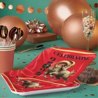 Stunning Red Gold Chinese Year of Fire Goat 2027 Paper Plates