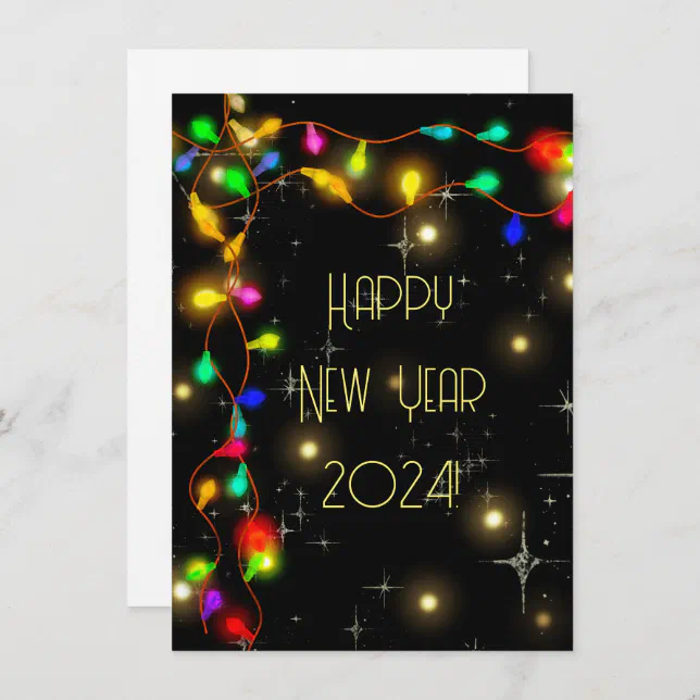 Happy new year 2024, stars and lighting garlands holiday card