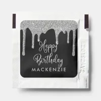 Black Silver Sparkle Glitter Drips Happy Birthday Hand Sanitizer Packet