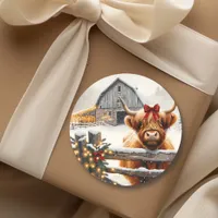 Vintage Farm and Cute Highland Cow Christmas  Classic Round Sticker