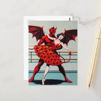 Retro Art Devil With ballerina in a Poppy Dress Postcard