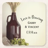 Growler, Hops and Wheat Brewery Wedding Square Paper Coaster