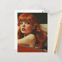 Woman With Red Hair in red car Postcard