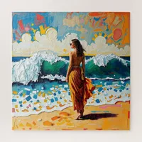 Woman on Beach Abstract Seaside Art Jigsaw Puzzle