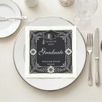 Vintage Black and White Floral Engraved Graduation Napkins