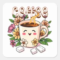 Cute Kawaii Coffee and Flowers Square Sticker