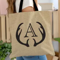 Rustic Burlap Deer Antler Monogrammed Tote Bag