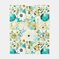 Pretty Folk Art White and Turquoise Flowers   Fleece Blanket