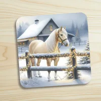 Pretty White Horse Farm Christmas Personalized Beverage Coaster