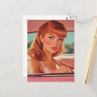 Woman With Red Hair in pink car Postcard
