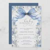 Baby in Bloom Blue Bow Floral Boy Baby Shower Invitation