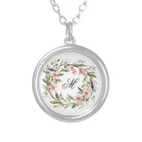 Monogram Pretty Twig and Wildflower Wreath Silver Plated Necklace