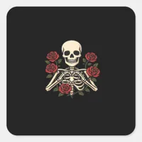 Skeleton Heart Hands With Red Roses – Romantic Got Square Sticker