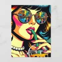 Pop Art Comic Book Pretty Woman Drinking Boba Postcard