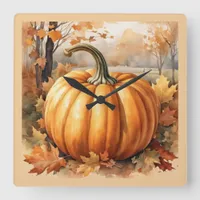 Autumn Pumpkin & Fall Leaves Square Wall Clock