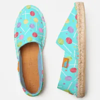 Colorful Retro Candy Lollipops Pattern on Blue Espadrilles