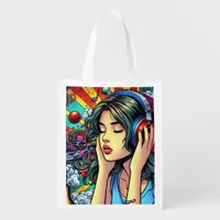 Girl Listening to Music on Headphones Psychedelic Grocery Bag