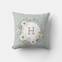 Sage Green Monogram Boho Flowers Personalized Throw Pillow