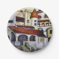 Watercolor Dracula Castle Transylvania Romania Paper Plates