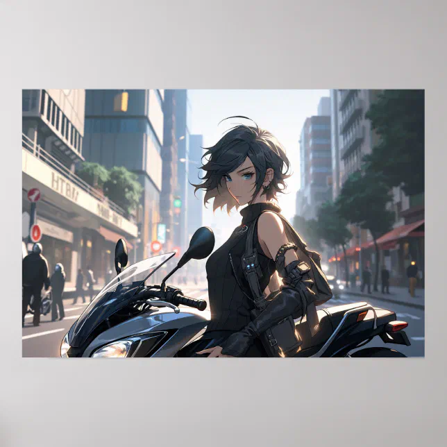 Anime woman biking downtown poster