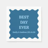 Best Day Ever Blue Chic Scalloped Custom Wedding  Napkins