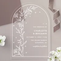 White Starry Celestial Arch Botanical Wedding Acrylic Invitations