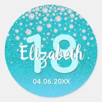 18th birthday diamonds glitter teal blue green classic round sticker