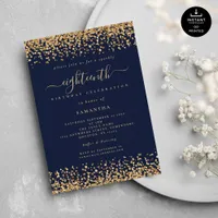 Gold Glitter Script Navy Blue Glam 18th Party Invitation