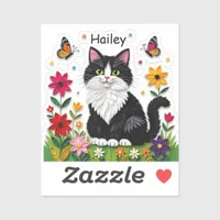 Black and White Cat, Flowers and Butterflies   Sticker